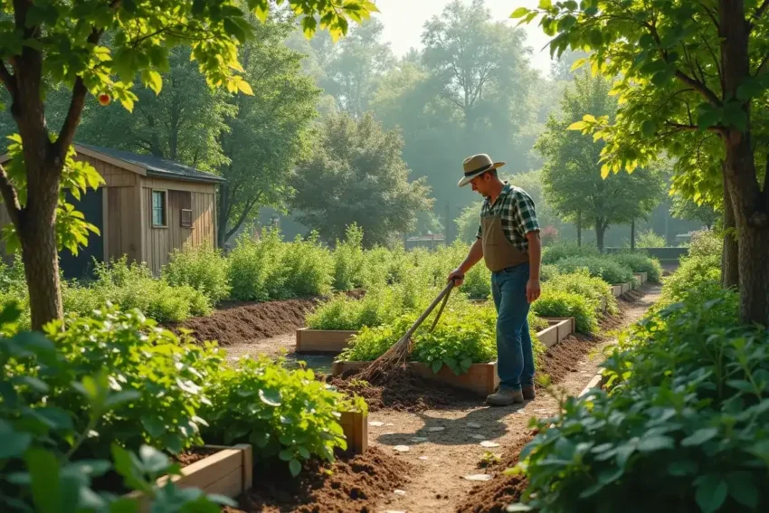 gardener cultivating productive eco-friendly garden for long-term harmony